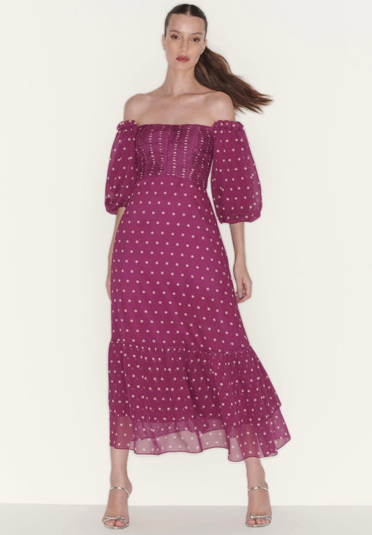 Jolie Puff Sleeve Silk  Poa Dress