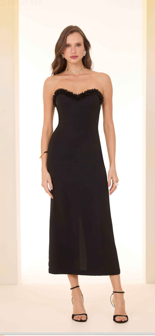 Sophia strapless Black Midi Dress With Flower Applique